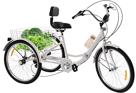 FortyFor 24 tum vit hopfällbar cykel trehjuling, 7-växlad 3-hjuls ryggstödscykel med inköpskorg och manuell klocka för vuxna seniorer äldre personer, flickor, pojkar, män och kvinnor