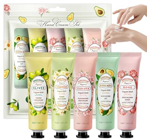 Handcreme-Geschenk-Set, 5-teilig, Handcreme für trockene Hände, nicht fettende Blume, Obst, tägliche feuchtigkeitsspendende Handcreme, Geschenk-Set, Geschenk für Frauen und Mädchen, Geburtstag,