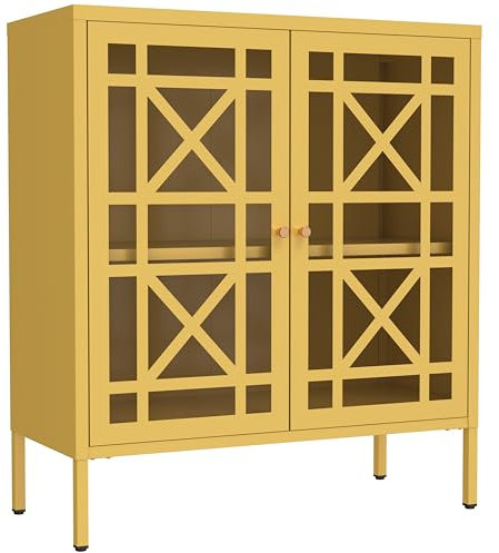 Aqetbfi Taquillas metálicas de cristal con patrón vintage para almacenamiento y separadores de estantes ajustables, armario corto, color amarillo, 35 cm de profundidad x 80 cm de ancho x 90 cm de alto