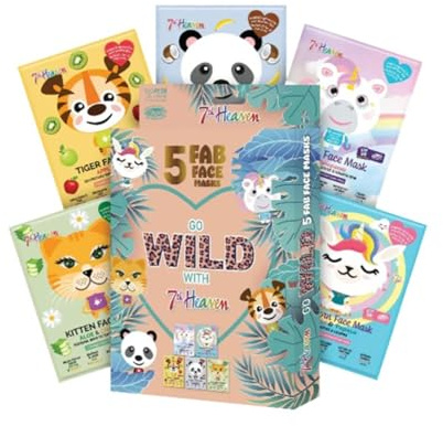 7th Heaven Go Wild Animal Face Sheet Mask Gift Set | 5 Fun Hydrating Face Masks for Kids with Coconut, Apple, Aloe & Banana - Kids Face Masks for Girls Sensitive Skin, Girl Gifts, Childrens Face Masks