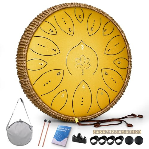 Zungentrommel 13 Zoll 15 Töne, Hand Pan Drums für Erwachsene 440hz, C-Dur Handpan Musikinstrument mit Liederbuch, Schlägeln und Tragetasche, Gelb