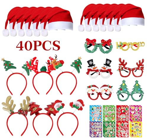 TOSUTO 40 Piezas Accesorios Navideños,Diademas Navideños,Gafas Navidad,Gorro de Navidad,Marco de Gafas de Navidad,Gafas de Fiesta de Navidad, Detalles y Accesorios para Niños y Adultos