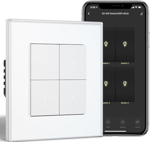 BSEED Smart Lichtschalter Unterputz mit Glasfläche 4 Fach 1 Weg, WiFi Taste Schalter kompatibel mit Alexa/Google Home, Intelligente Wandschalter arbeitet mit Smart Life/Tuya App, Weiß