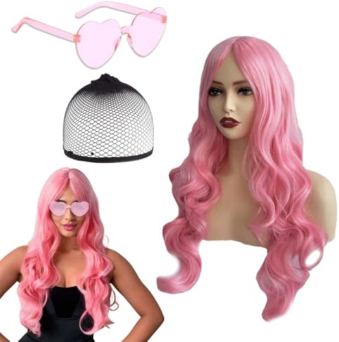 Perücke in Rosa ?Lang, Schön & Natürlich - Perfekt für Karneval, Kostüm- und Themenpartys Pinke Perücke von MapofBeauty mit inklusiven Extras?natürlich und bequem