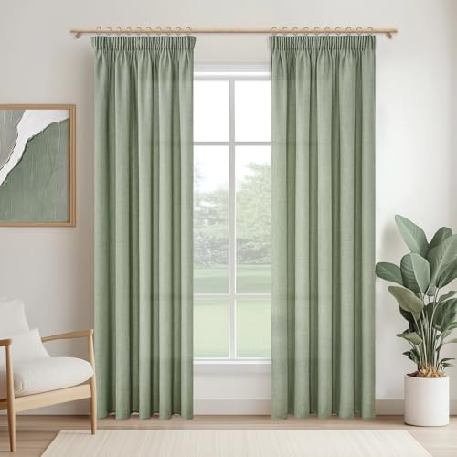 MRTREES Lot de 2 Rideau Voilage Galon Fronceur pour Rail Effet Lin Vert Sauge Semi-Transparent, Rideaux et Draperies Intérieurs pour Salon Salle à Manger Chambre, 140x245 CM