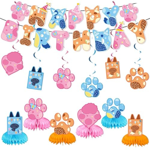Pancarta Happy Birthday Decoración Cumpleaños FelizBanner Animales y Huellas de Perro, Adornos Fiesta Infantil Mujer Hombre, Kit Reutilizable con Guirnalda Cumpleaños, Honeycomb y Pancarta Fiesta