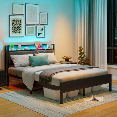 BORPHOM Double Bed Frame with Storage Headboard,Charging Station,LED Lights,4ft6 Metal Platform Upholstered Bed Frame Double Bed,for 135 x 190 cm Mattress,Strong Steel Slat Support/Noise Free/Black