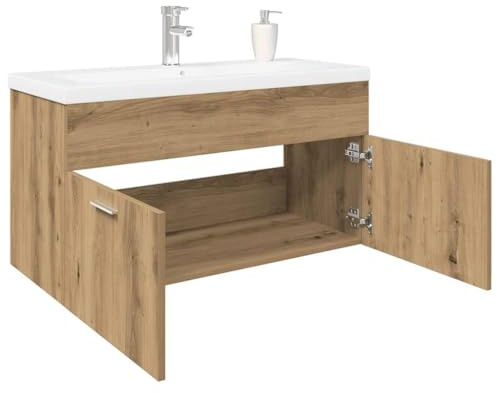 Zeehear Tvättställsskåp med inbyggt handfat, artisanek, 90 x 38,5 x 46 cm, trämaterial, keramik, väggmontering, badrumsmöbler set med gott om lagringsutrymme, för moderna badrum