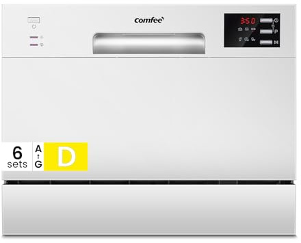 COMFEE' 2026 New Upgraded Table Top Dishwasher with 6 Place Settings, Mini Countertop Dishwasher for Small Families, Couples, Auto Open Dry, LED display, Delay Start, 47dB Quiet Noise, White
