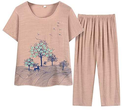 Traje de Pantalón para Mujer Conjunto de Dos Piezas Verano Estampado Manga Corta Cuello Holgado Tejido Algodón Lino