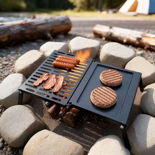 The Chimney Shop STARBBQ Fold-Out Campfire Grill & Griddle Combo | Portable Over-Fire Camping Grill, Heavy Duty Steel Backpacking BBQ, Half Grill Half Griddle