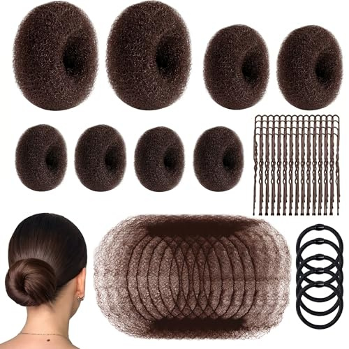 Set di 63 ciambelle per chignon, con retine, forcine e fasce elastiche, ciambelle per capelli, accessori per capelli per ragazze, bambini, donne, ballerine (marrone)