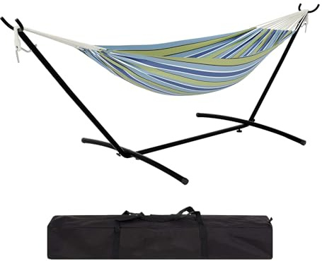 Hamac sur Pied avec Cadre en Acier en Forme De Cornes, Toile Polyester-Coton Double Tension Latérale, Supporte 160 kg, Montage sans Outils en 1 Min, pour Jardin, Camping, Terrasse Et Balcon