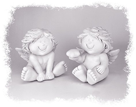 TEMPELWELT® Deko Engel Figur Schutzengel Sitzend im 2er Set je 8 cm, Polystein Weiß, Babyengel mit Stern Engelkind Engelchen Rubensengel Engelfigur Dekoengel Lachend