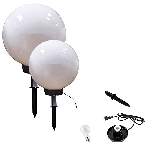 Dapo 2x LED-Außen-Garten-Kugel-Leuchte MARLON D: 30+40cm Kugel Kunststoff weiß Erdspieß, IP44 Dekorations-Wege-Pfad-Lampe