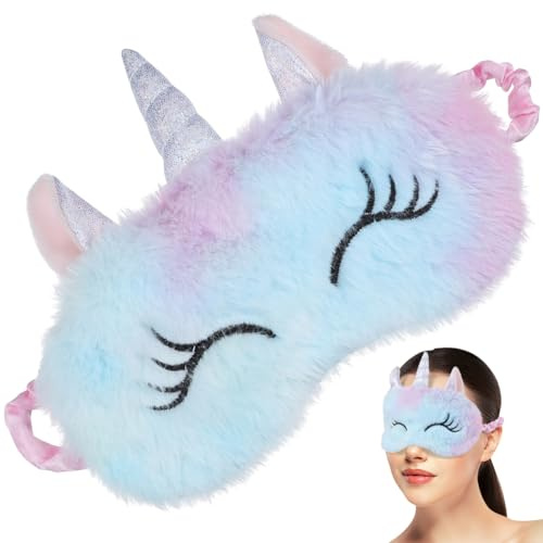 FRCOLOR Masque de Sommeil Licorne en Peluche Masque de Nuit Doux avec Bandeau Élastique Réglable pour Femmes, Filles et Enfants Occultation Totale pour Voyage, Maison, Avion et Camping
