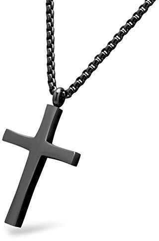 555Jewelery Stainless Steel Metal Cross Men Women Unisex Adjustable Rolo Chain Religious Christian Prayer Vintage Simple Fashion Jewelry Accessory Chain Pendant Necklace, Black 26 Inch
