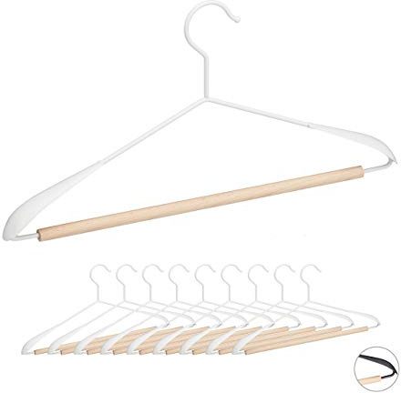 Relaxdays Pack Perchas para Colgar Trajes, Pantalones, Tops y Chaquetas, Madera y Metal, 21,5 x 43 x 3 cm, Blanco, Hierro, 10 Unidades