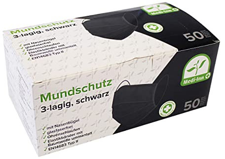 Medi-Inn+ Mundschutz Atemschutz Gesichtsmaske Einwegmaske mit Elastikbändern Typ II 3-lagig schwarz (50 Stück)