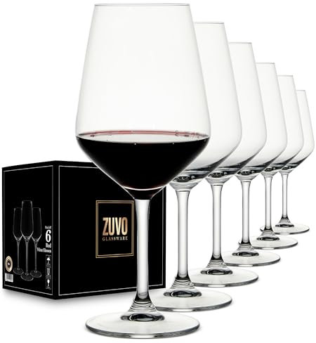 Zuvo Red Wine Glasses Set of 6 (37cl) – Italian-Style Crystal Glassware with Long Stem – Elegant, Dishwasher Safe, Durable