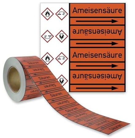 Betriebsausstattung24® Rohrleitungsband „Ameisensäure“ | PET-Folie mit Schutzlaminat starkhaftend & selbstklebend | Rolle BxL: 8,0 cm x 33,0 m | Rohrkennzeichnung nach DIN 2403
