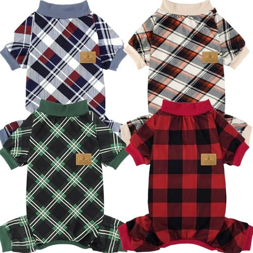 XPUDAC 4 Pack Dog Pajamas for Small Dogs Cats Plaid Doggie Clothes Puppy Onesies Christmas Pajamas Jumpsuits Pet Pjs Shirt Apparel Large, Red Green Beige Grey