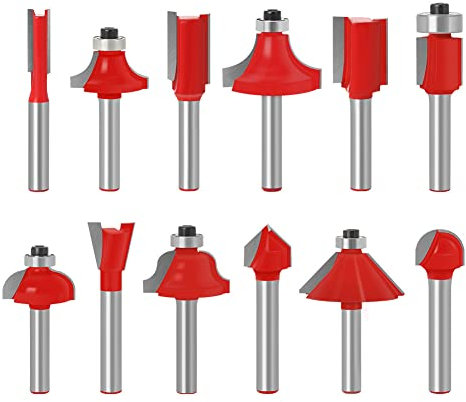 Baorder Lot de 12 embouts de défonceuse, tige de 6 mm, en carbure de tungstène, pour le travail du bois, la coupe, les rainures (avec embout droit, Cove Bit,Chamfer Bit)