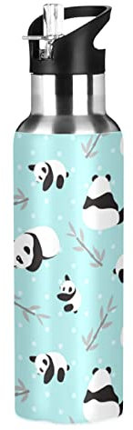 Oarencol Cute Panda Bamboo Water Bottle Animal Leaves Blue Stainless Steel Vacuum Insulated with Straw Lid 20 Oz