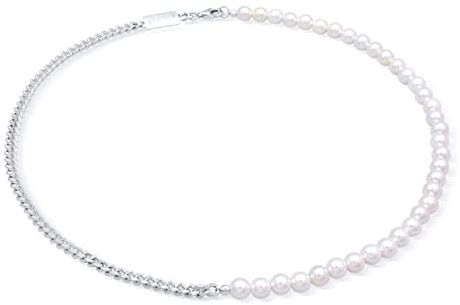 Kuzzoi Collar de perlas para hombre pulido brillante con cadena barbada en diseño moderno, joya de perlas para hombre o amigo de plata de ley 925, longitud 45 cm (plata), Perla, Perla