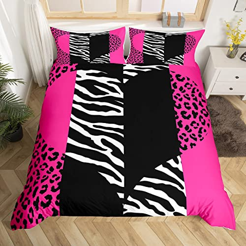 Castle Fairy Girls Leopard Zebra Duvet Cover Queen Size Pink Wild Animals Fur Bedding Sets 3pcs for Kids Women Youth Room Decor Romantic Heart Abstract Comforter Cover Patchwork Quilt Cover