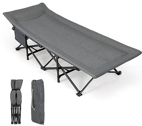 TANGZON Vikbar campingsäng för vuxna, 68,5 cm extra bred vadderad campingbarnsäng med nackstöd design och sidoficka, 180 kg kapacitet slitstark robust sovsäng ensam person för resor strand kontor