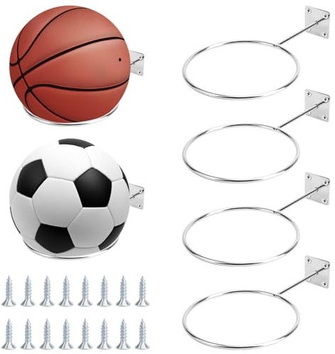 RAKUTE Portapalloni da Parete Universale 4pz, Supporto per Pallone in Metallo per Sfere di Diametro Superiore a 5.9, Supporto da Parete per Basket, Calcio, Pallavolo, Rugby(Argento)