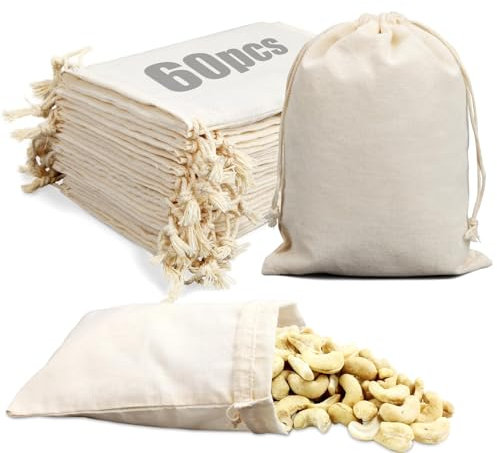 Ziamzra 60 Stück Baumwollsäckchen 15x10cm Stoffbeutel Klein Geschenkbeutel Jutesäckchen Leinensäckchen Stoffbeutel mit Kordelzug für DIY Hochzeit Weihnachten Party Stoffbeutel Adventskalender