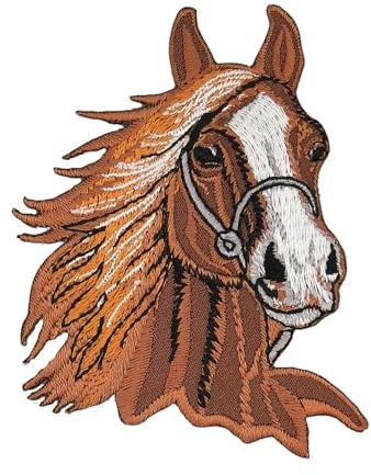 Pferd Kopf Braun Reiten Aufnäher zum aufbügeln oder aufnähen Bügelbild Aufbügler für Kleidung gestickter Bügelpatch Applikation Patch Größe 6,5 x 8,3 cm