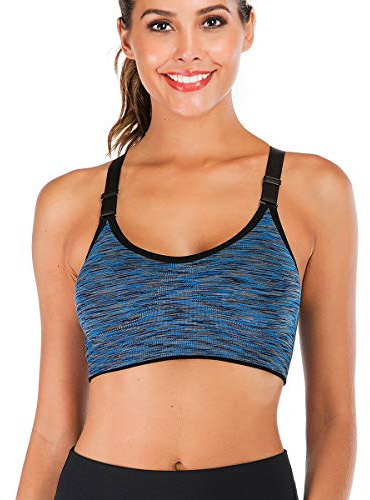 FXTYK Dam Mid Impact Sport-BH sömlösa justerbara axelband och avtagbara dynor gym yoga bh träning fitness activewear vadderad BH, blå, XL