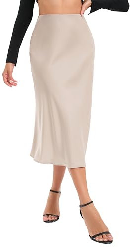 Timuspo Midi Rock Satinrock Seidig Elastische Taille Sommerrock Damen A Linie Business Lang Röcke Helles Khaki S