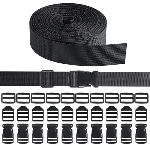 Trukafie Sangle 25mm x 5m avec 10 Boucles Plastique Clip et 10 Tri-Glide Curseurs Plastique pour Sacs à Dos, Bagages, Colliers pour Animaux de Compagnie, Tente