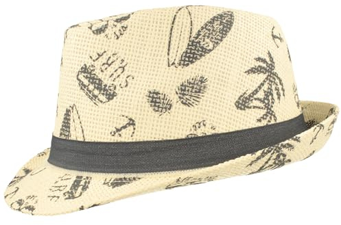 Breiter Chapeau de paille pour enfant - Chapeau d'été - Chapeau Trilby avec bord en tissu bleu et applications de surf - Pour filles et garçons, Naturel - Surf, 52
