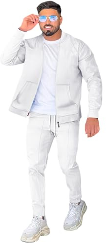 DONYKARRY Herren 2-Teilige Sporthemd mit Baseballkragen Sweatsuit Sets Dünner Male Trainingsanzug-Sets Mit Durchgehendem Reißverschluss, Trendige Jacke Anzug Sommer Outfits(Weiß,L)