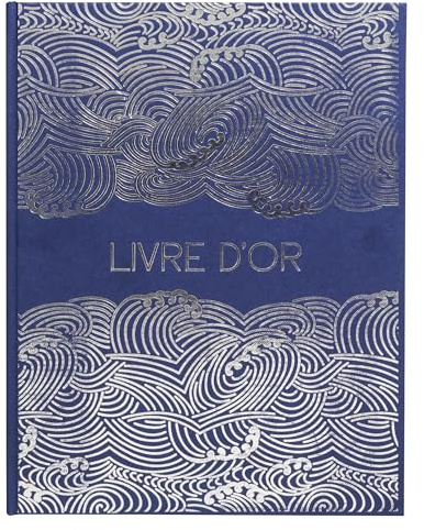 Exacompta - Ref. 47302E - 1 Gästbok JAPAN - Stort vertikalt format 27 x 22 cm - Omslag av papper med textileffekt - Silverkant med inskription LIVRE D'OR - 100 vita sidor - Blå