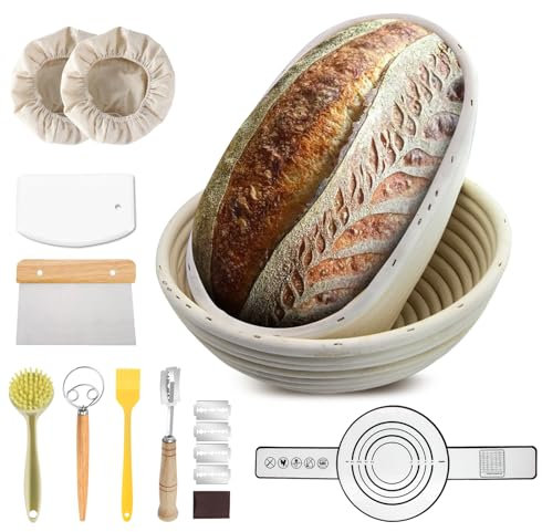 DOZNOZRI Gärkorb Brot Set 9-Teiliges Gärkörbchen Brot 2er Rund 23cm und Oval 25cm Brot Backen Zubehör Set Inklusive Brot Gärkörbchen*2,Teigschaber*2,Teigbesen,Bäckermesser, Bürste*2,Brotschlinge