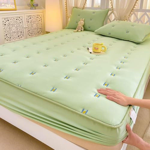 Epinki Betttuch 180x200cm Verstaubar, Gestickt Bettlaken Unterlage Matratzenschutz, Baumwolle Laken für Bett Grün Unterbett als Schutz für Boxspringbett & Topper