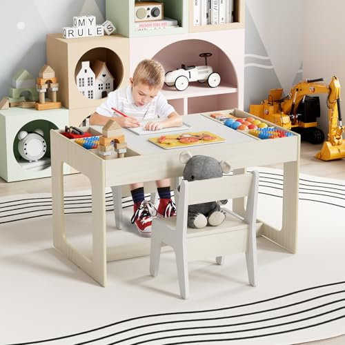 MAMIZO Kindersitzgruppe mit Stauraum, Kindertisch mit 2 PCS Stühlen, Kinder Tisch Stuhl Set mit wendbarer Tischplatte, Kinderschreibtisch für Kinderzimmer Kindertagesstätte, ab 3 +,Holzfarbe mit Weiß