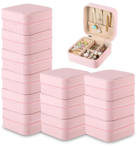 SHENLIU 12 Pack Mini Pink Travel Jewelry Case Bridesmaid Proposal Gift Boxes, 3.74 x 3.74 x 1.81 inches Small Leather Portable Jewelry Earring Organizer for Women Girls Travel Accessories