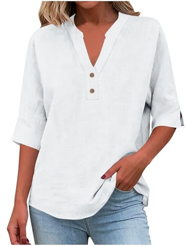 Chemise Femme Coton Et Lin Chemises Lin Manches 3/4 Col V Boutonné Top Henley Chemise Couleur Uni Lâche Respirant T-Shirts Tunique Femmes Chic Et Elegant Léger Blouse Grande Taille