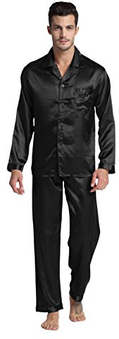 TONY & CANDICE Men's Classic Satin Pajama Set Sleepwear (Large, Black)