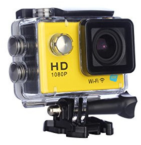 NK Cámara Deportiva - Cámara Acuatica Ultra HD 1080p, 12 MP, Pantalla 1,5 LCD, Batería 900mAh, 30 fps, 170º Ojo de Pez, Ranura SD, Carcasa Impermeable, Accesorios Incluídos, Wi-Fi - Color Amarillo