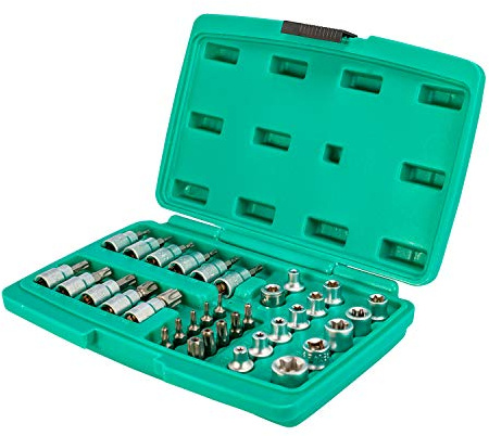 WIESEMANN 80164 - Set Grande Chiavi a Bussola e Punte per Viti Torx da 34 Pezzi - Attacco da 3/8” | Lega Acciaio Q-30 | Punte per Viti Torx Interne ed Esterne