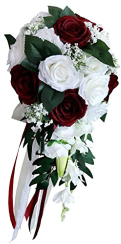 LOVIVER mariée bouquet des fleurs Artificielles Nuptial Accessoire de Mariage Anniversaire, Blanc + Vin Rouge, 50 x 23 x 30cm