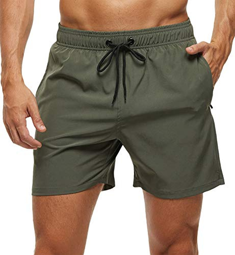 Tyhengta Men's Stretch Swim Trunks Quick Dry Beach Shorts with Zipper Pockets and Mesh Lining ArmyGreen 30